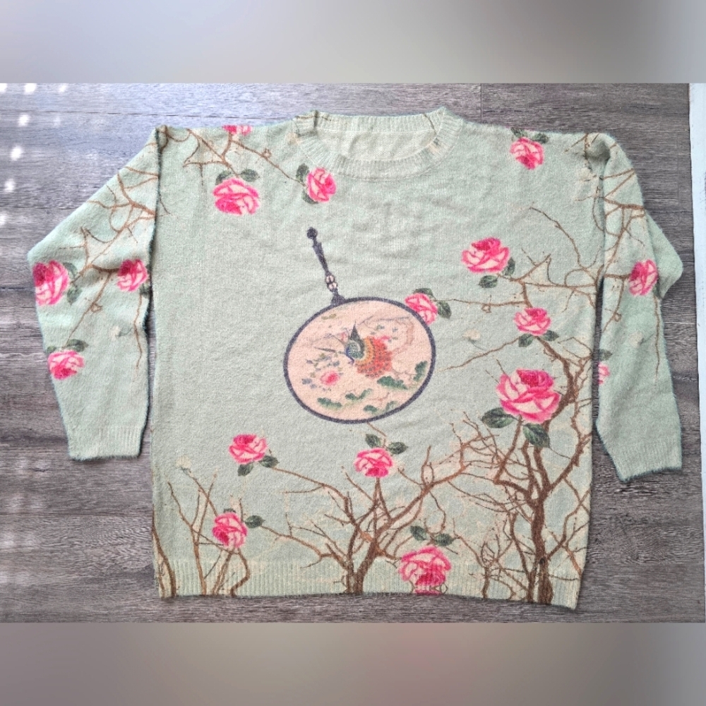 Yesno Cotton Wool Crewneck Sweater Bird Roses Lightweight Soft Cozy Pastel